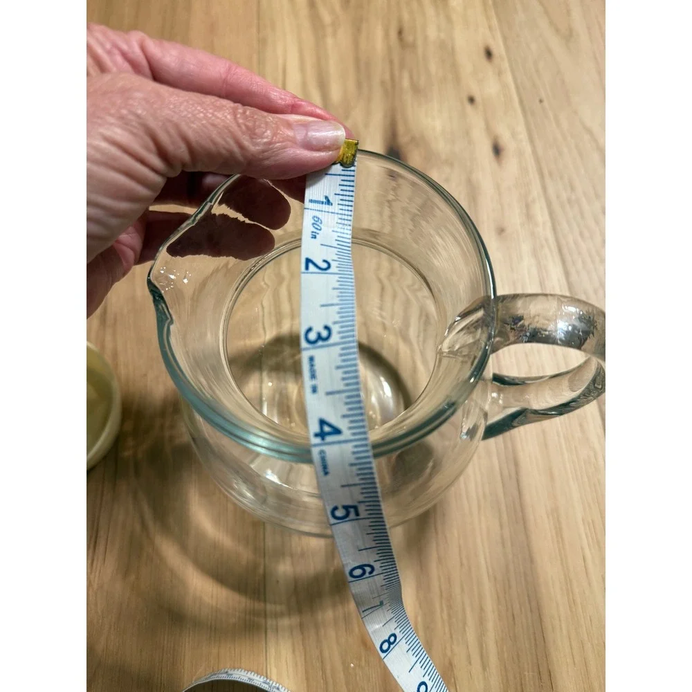 Vintage Hand Blown Glass Juice Pitcher Clear Off White Plastic Lid MCM Style